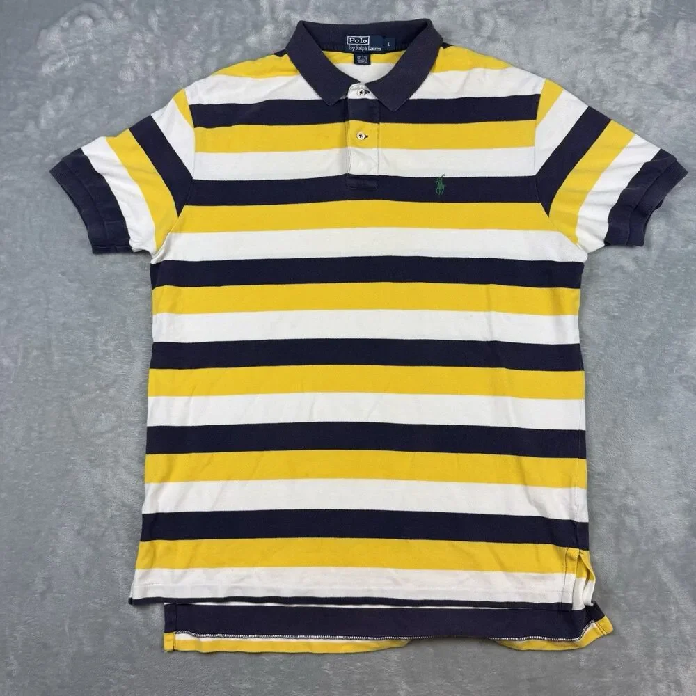 Vintage Polo Ralph Lauren Striped Polo Shirt Mens Large Yellow Navy White Pony